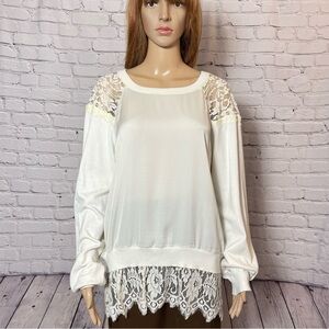 Hale Bob Ivory Mixed Media Lace Knit Long Sleeve Sweater Size L